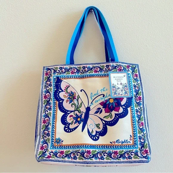 Brighton NWT Butterfly Garden Tote OS Blue Pink Canvas Shoulder Bag - Picture 8 of 8
